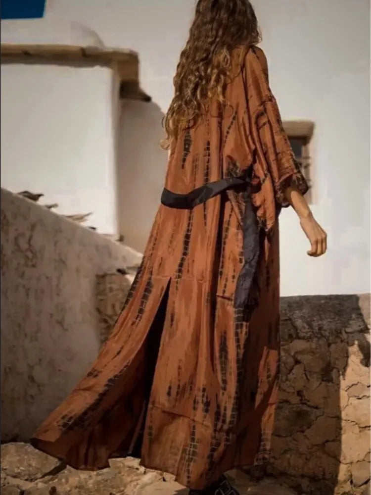 Coffee Tie Dye Wrap Kimono /  Dress
