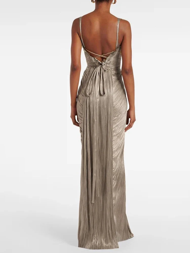 Backless Lace-Up V-neck Draped  Elegant Long Dress