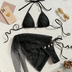 Three-piece bikini set by 64b136-1e featuring colorful swimwear with top, bottom, and cover-up in four vibrant colors.