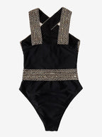 Colorful detailed one-piece swimwear by 64b136-1e featuring various styles and vibrant colors, shown on a model.