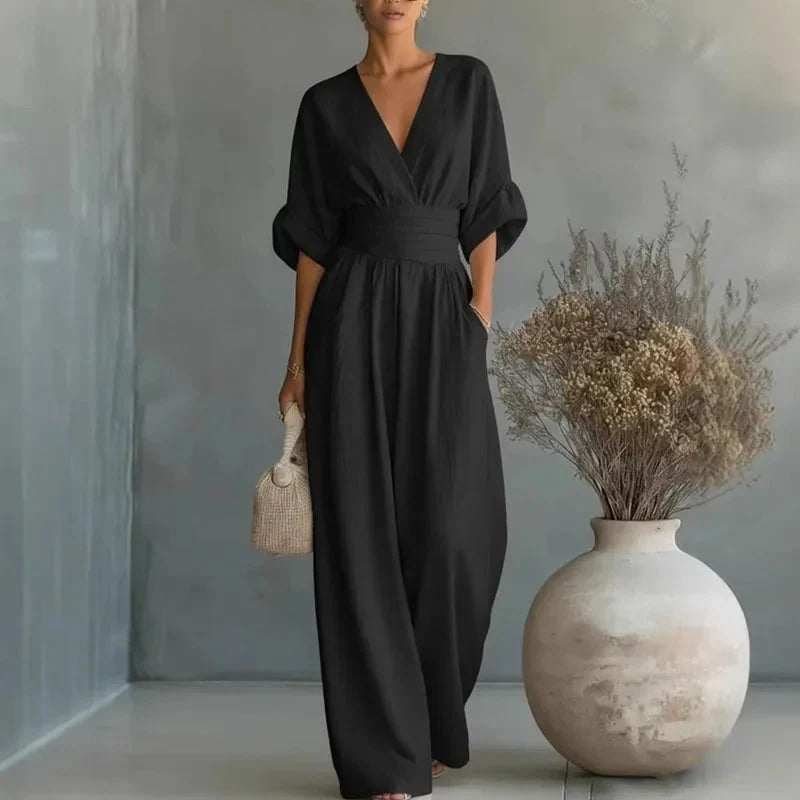 Helena V-Neck Chiffon/Linen Blend Jumpsuit