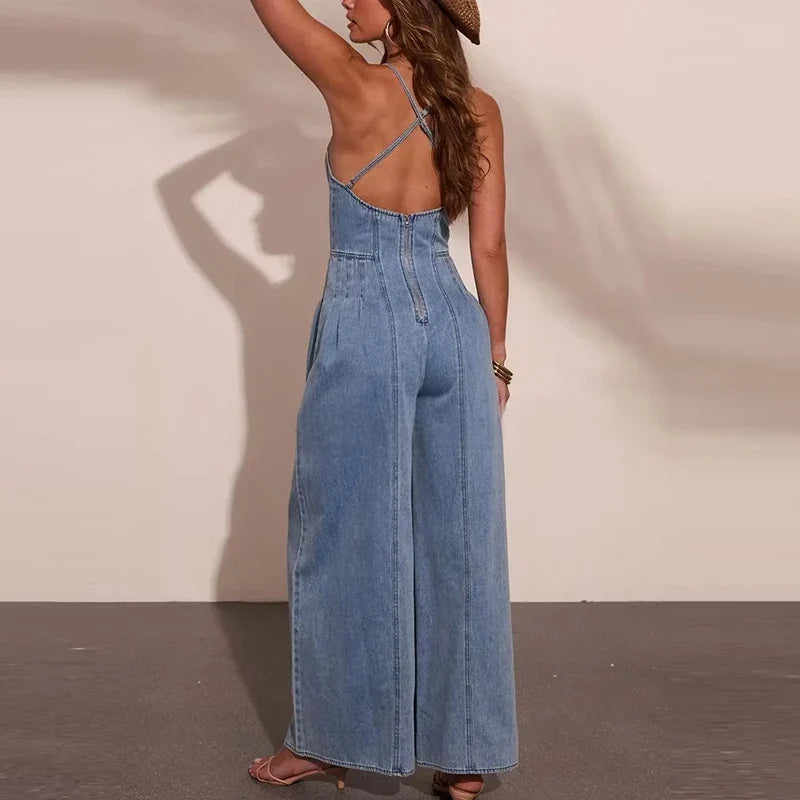 Chic Denim Sleeveless Wide Leg Holiday Jumpsuit Sexy Straps Off Shoulder Fit Playsuit Elegant Backless High Waist Splice Romper