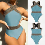 Colorful detailed one-piece swimwear by 64b136-1e featuring various styles and vibrant shades, displayed on a mannequin.