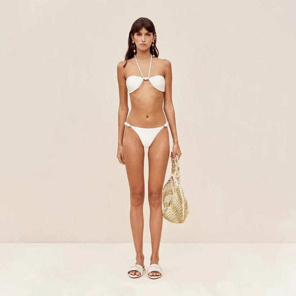 Halter Solid Color Bikini and Crochet Dress Two Piece Outfit