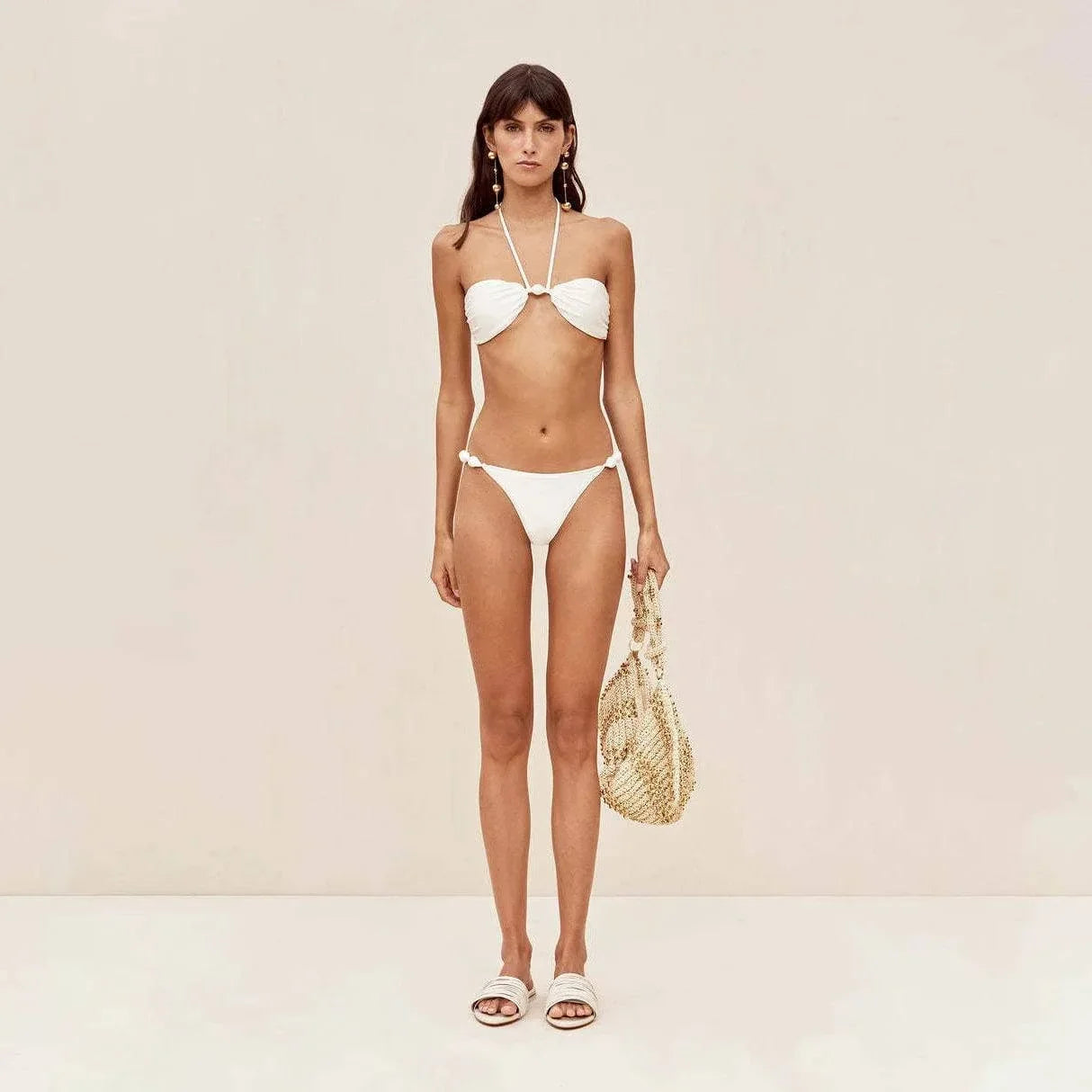 Halter Solid Color Bikini and Crochet Dress Two Piece Outfit