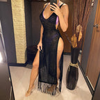 White or black fringe crochet tunic beach cover dress by 64b136-1e, featuring lightweight crochet fabric with fringe details, perfect for swimwear.