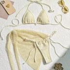 Three-piece bikini swimwear set in four colors, featuring a top, bottom, and cover-up from 64b136-1e, displayed on a model.