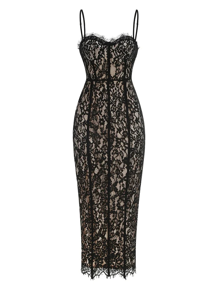 Volante Long Lace Dress Black