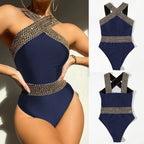 Colorful one-piece swimwear by 64b136-1e featuring detailed patterns and multiple styles, displayed on a model.