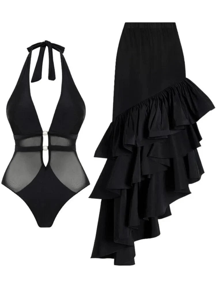 OUINA FLOWER SWIMWEAR AND RUFFLED SKIRT