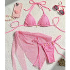 Three-piece bikini set by 64b136-1e featuring colorful swimwear with top, bottom, and cover-up in vibrant shades.