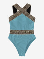 Colorful one-piece swimwear by 64b136-1e featuring detailed patterns and multiple styles for women.
