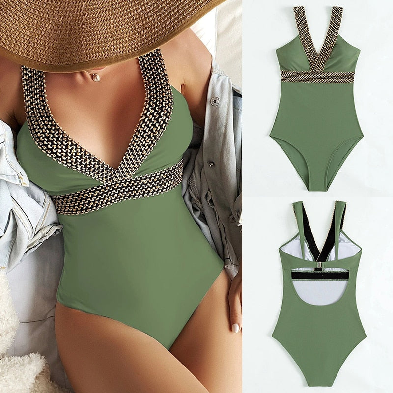 Colorful detailed one-piece swimwear by 64b136-1e featuring multiple styles and vibrant designs, perfect for beach or pool.