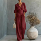 Helena V-Neck Chiffon/Linen Blend Jumpsuit