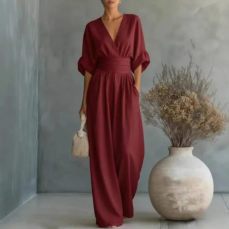 Helena V-Neck Chiffon/Linen Blend Jumpsuit