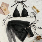 Three-piece bikini set in four colors, stylish swimwear by 64b136-1e, featuring a top and matching bottoms for beach or pool.