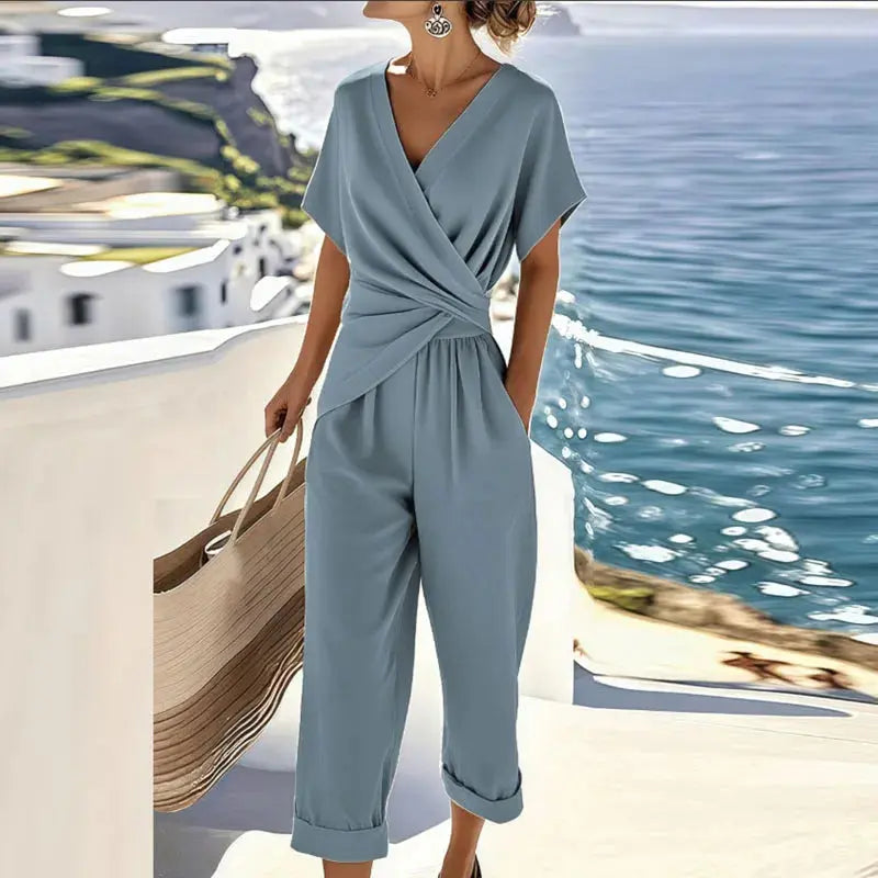 Women’s Two Piece Set – Wrap Top and Tailored Pants Matching Outfit Elegant Summer Set