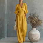 Helena V-Neck Chiffon/Linen Blend Jumpsuit