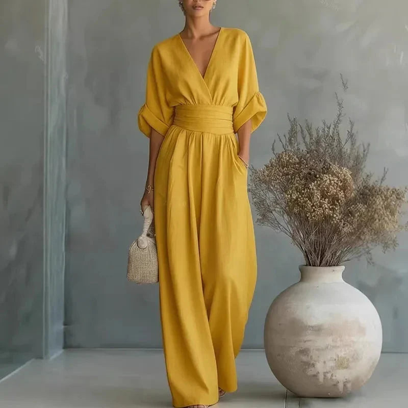 Helena V-Neck Chiffon/Linen Blend Jumpsuit