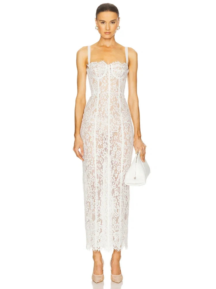 Volante Long Lace Dress Black