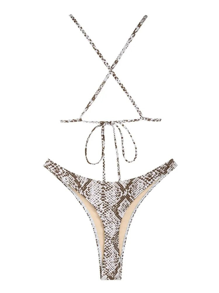 Criss Cross Snake Print Thong Bikini