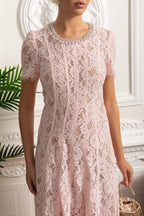 Lace Midi Dress with Crystal Embellished Collar - Pink