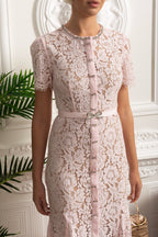 Elegant Floral Lace Fitted Dress with Button Detail and Scalloped Hem - Blush Pink