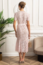 Elegant Floral Lace Fitted Dress with Button Detail and Scalloped Hem - Blush Pink