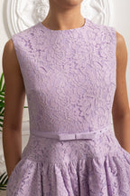Sleeveless Lace Mini Dress with Belted Waist and Scalloped Hem - Purple