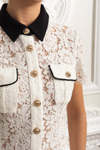 Lace Mini Dress with Contrast Black Collar and Pocket Details - White