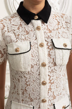 Lace Mini Dress with Contrast Black Collar and Pocket Details - White