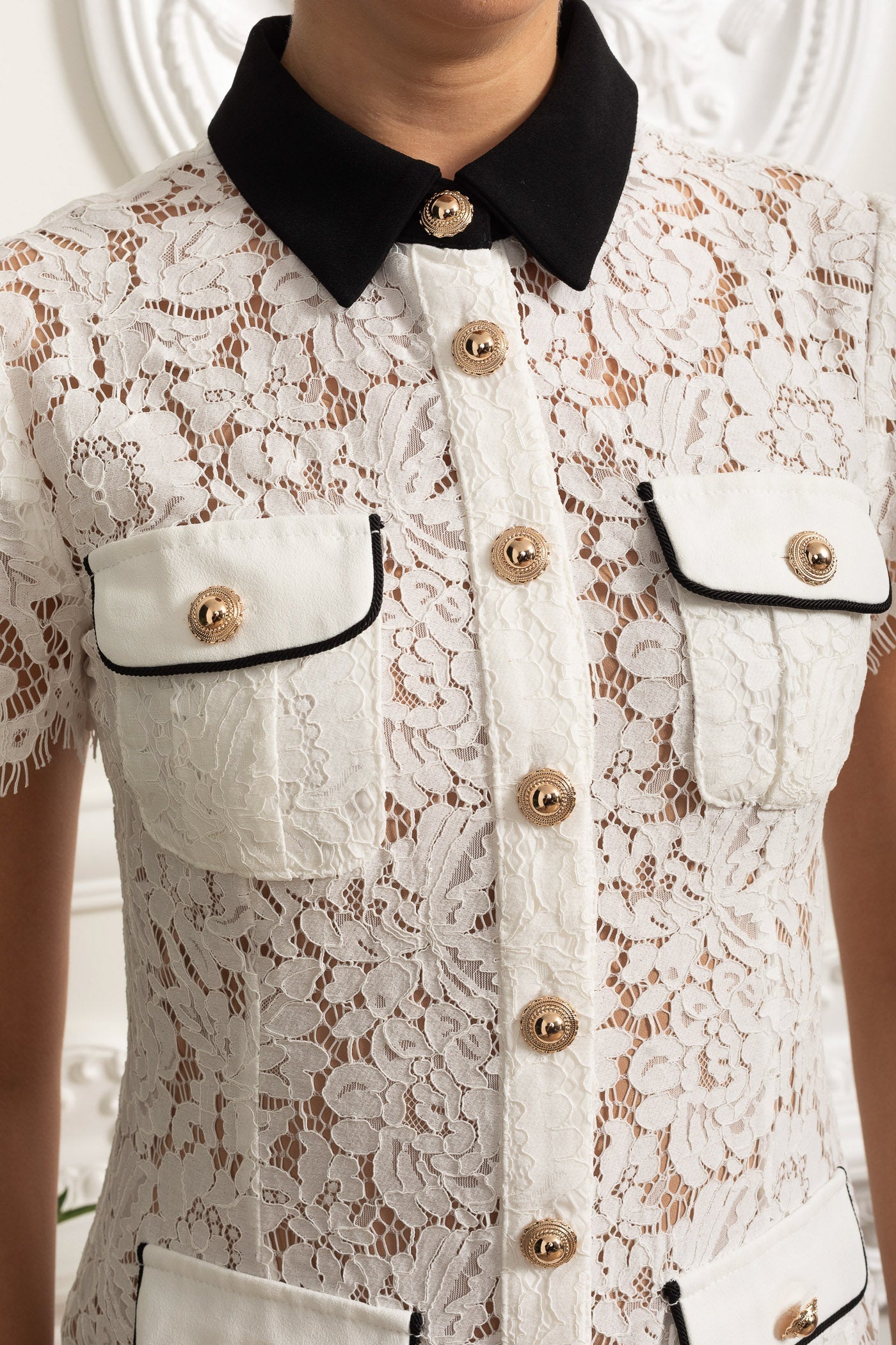 Lace Mini Dress with Contrast Black Collar and Pocket Details - White
