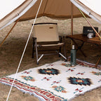 Colorful tribal boho rug and blanket set suitable for outdoor or indoor use, featuring intricate patterns and vibrant designs.