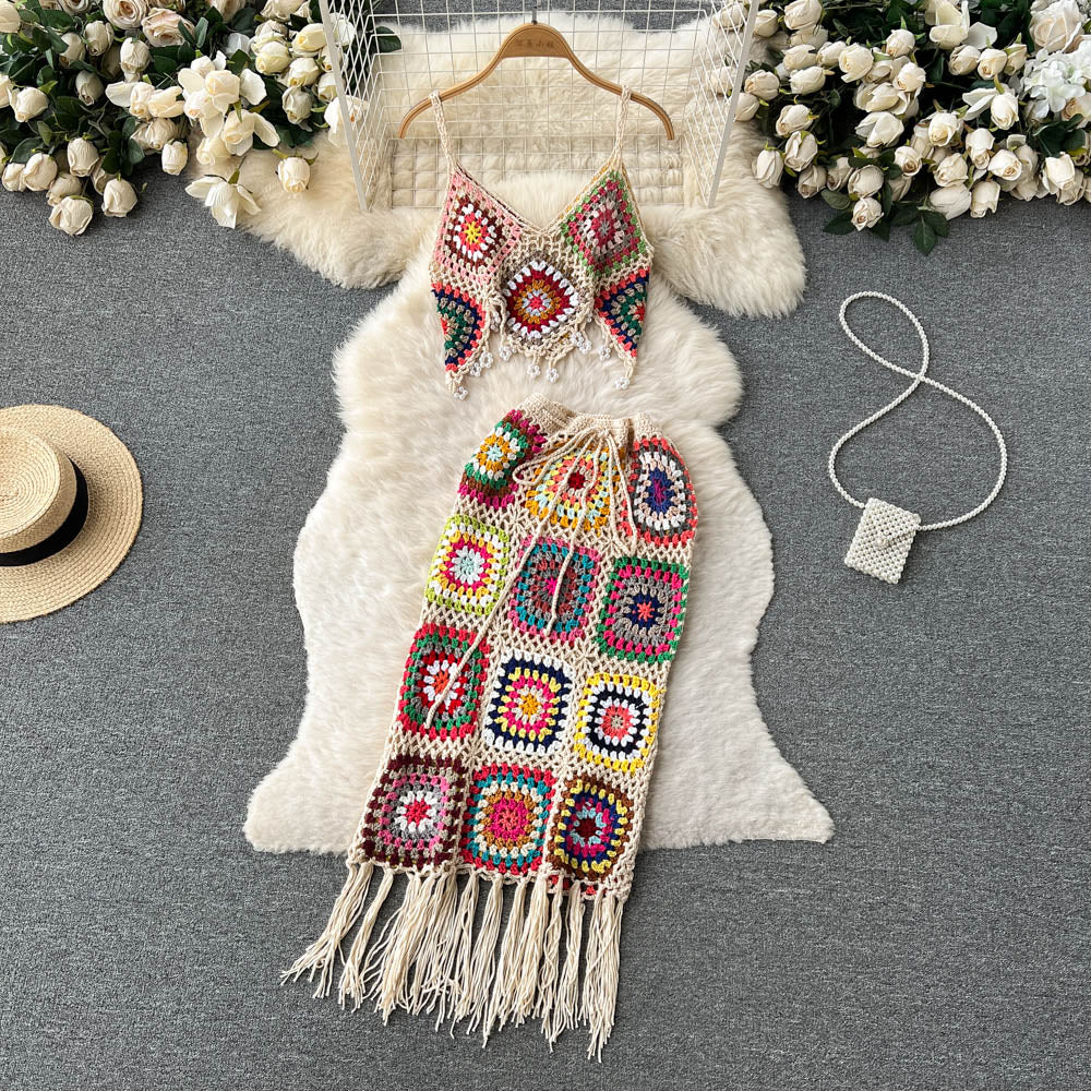Two-piece knitted beach set by 64b136-1e, featuring a stylish top and shorts perfect for summer beachwear.