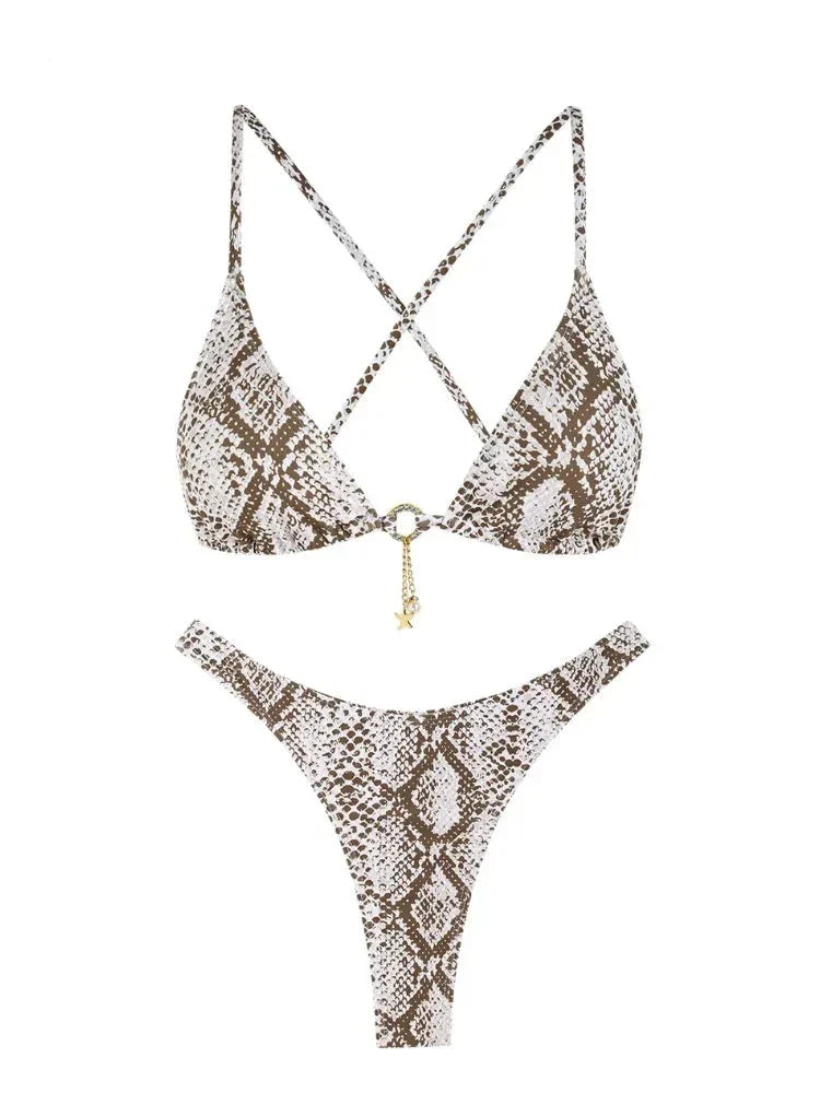 Criss Cross Snake Print Thong Bikini