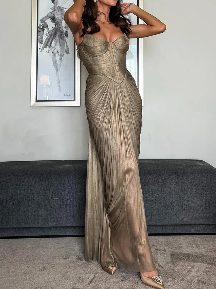 Backless Lace-Up V-neck Draped  Elegant Long Dress