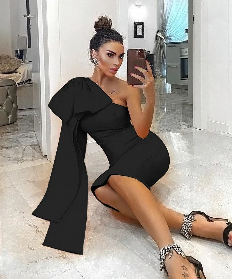Luxe Radiance One-Sleeve Bowknot Bandage Dress