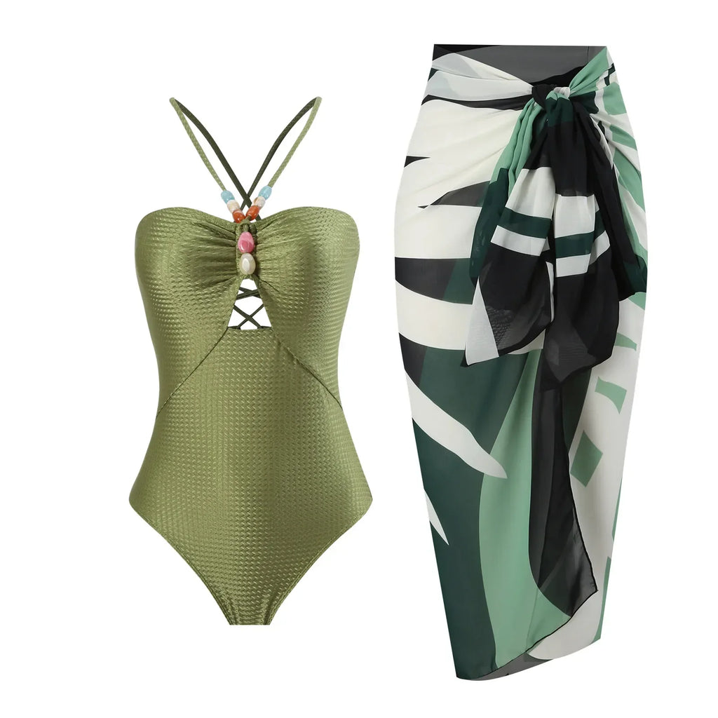 One Piece Retro Swimwear with matching skirt - multiple prints