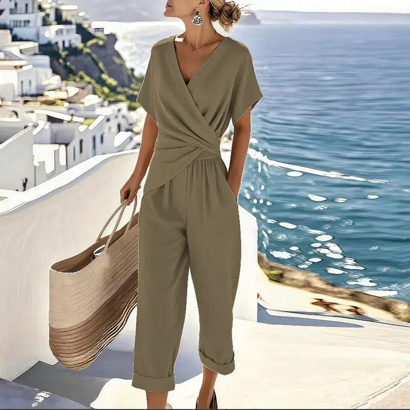 Women’s Two Piece Set – Wrap Top and Tailored Pants Matching Outfit Elegant Summer Set