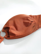 Tan brown bandeau bikini set from 64b136-1e swimwear collection, featuring a strapless top and matching bottoms.