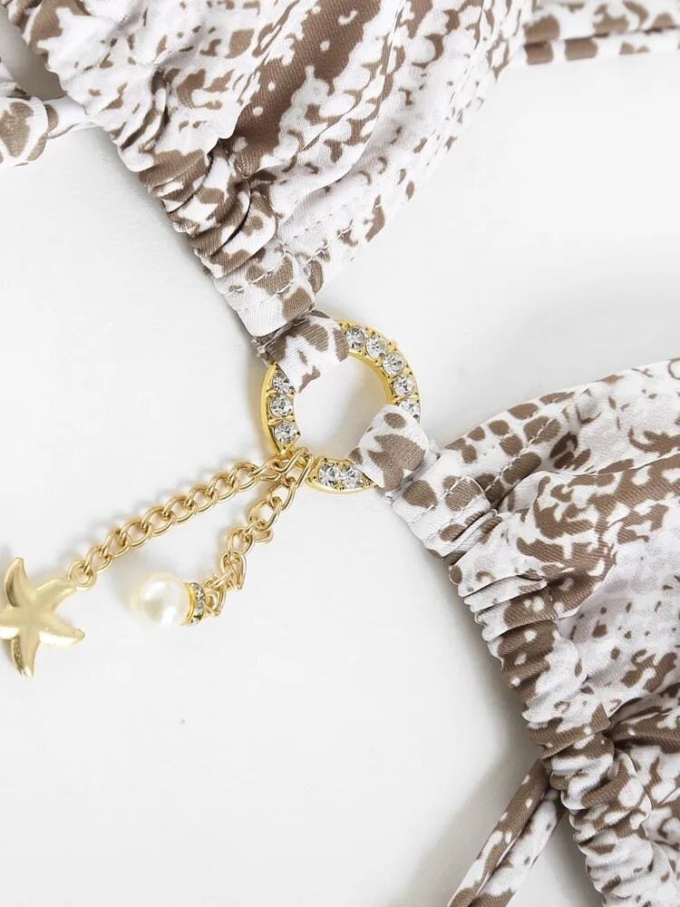Criss Cross Snake Print Thong Bikini