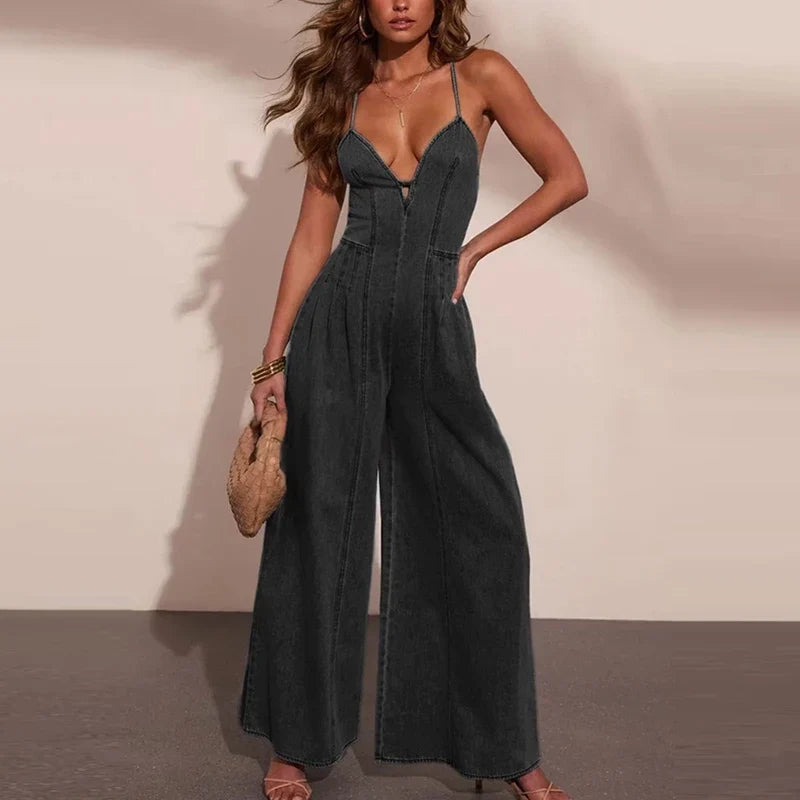 Chic Denim Sleeveless Wide Leg Holiday Jumpsuit Sexy Straps Off Shoulder Fit Playsuit Elegant Backless High Waist Splice Romper
