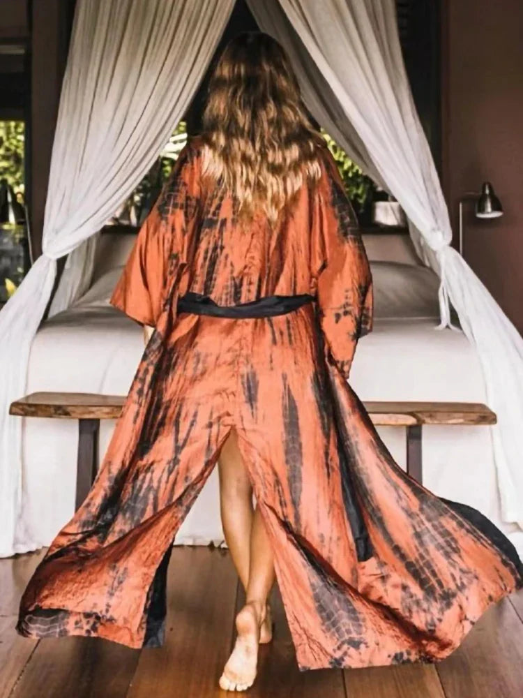 Coffee Tie Dye Wrap Kimono /  Dress