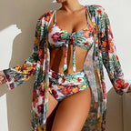 Three-piece high waist bikini set from 64b136-1e swimwear, featuring a stylish top and matching bottoms on a flat lay.