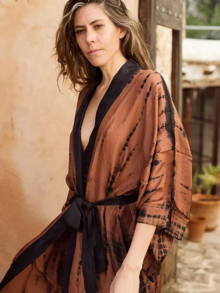 Coffee Tie Dye Wrap Kimono /  Dress
