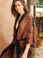 Coffee tie dye wrap kimono swimwear dress with long sleeves, lightweight fabric, and relaxed fit, perfect for beach or poolside wear.