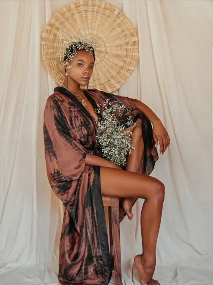 Coffee Tie Dye Wrap Kimono /  Dress