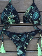 Boho tassel bottom bikini from 64b136-1e swimwear in various prints, featuring colorful tassel details and stylish swimwear design.