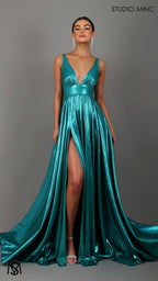 Lustre - Teal Formal Dress, Metallic V Plunge Neckline with leg Split