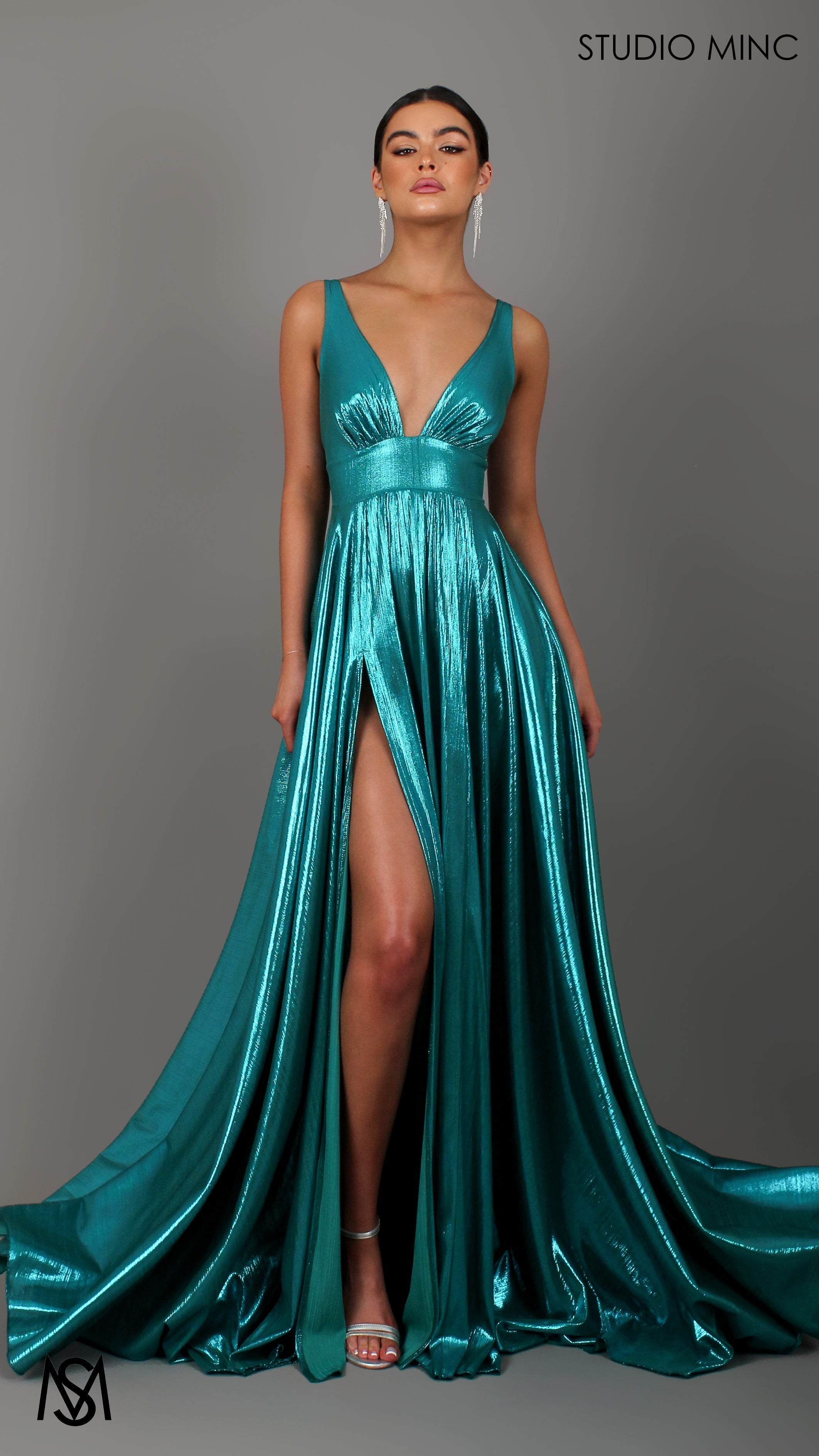 Lustre - Teal Formal Dress, Metallic V Plunge Neckline with leg Split